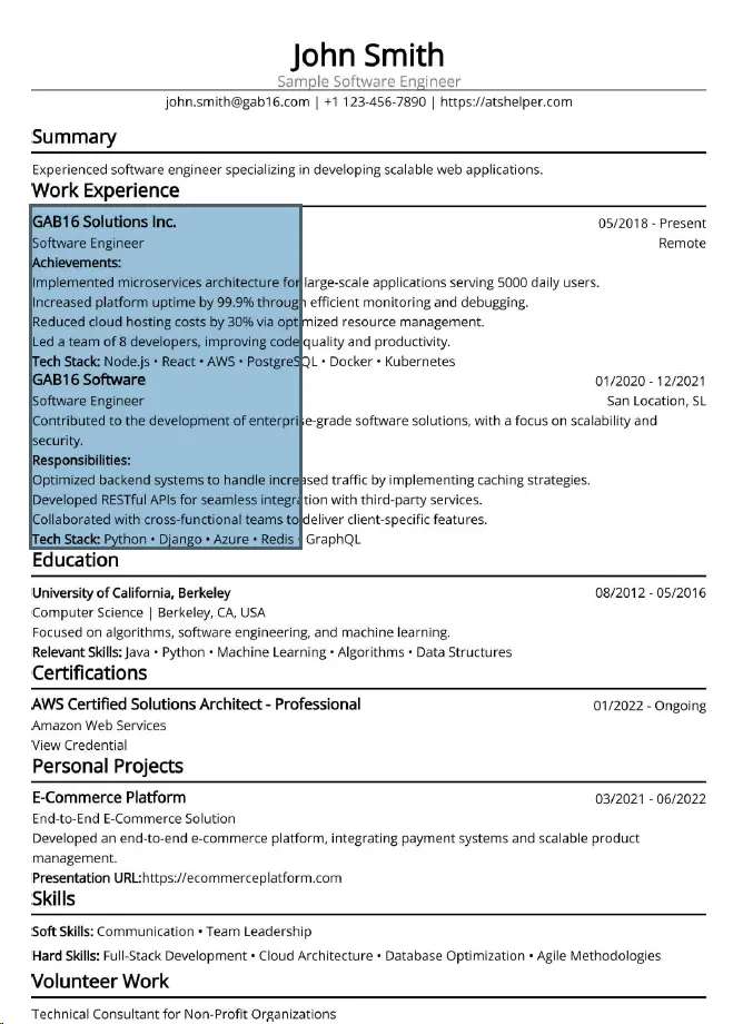 Screenshot of a rasterized resume in a PDF reader where the selection box behaves like an image instead of selecting resume text