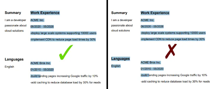 Side-by-side comparison showing correct text selection order on a two-column resume versus broken selection order where work experience spills into the languages section